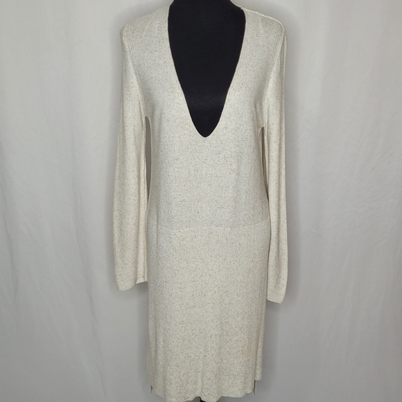 Zara Knit Long Sleeve Plunging V-neck Side Slit Sweater Dress in Oatmeal - Sz M - Picture 1 of 10